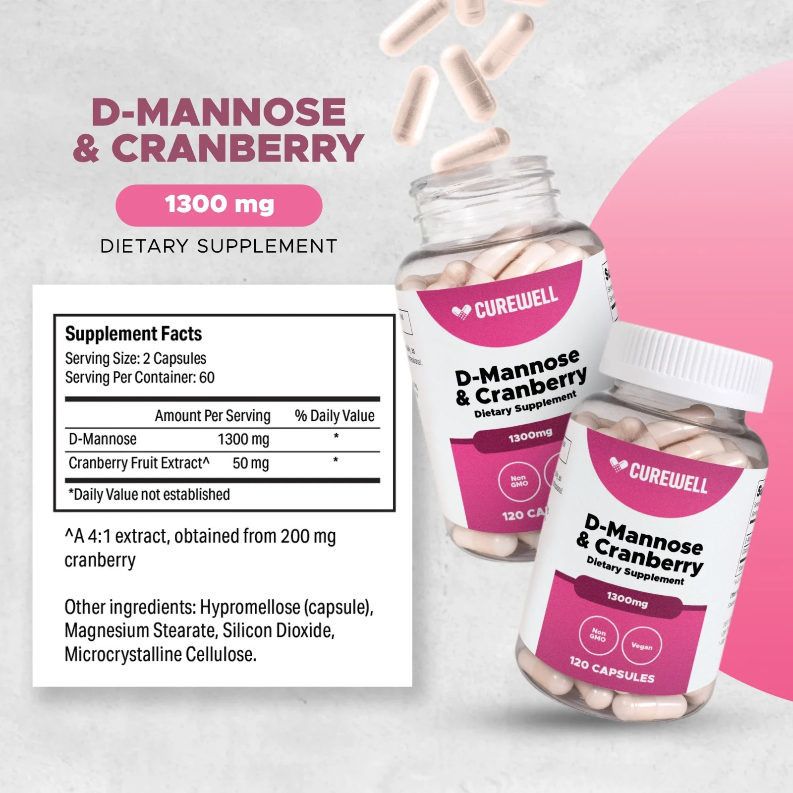 CUREWELL D-Mannose & Cranberry 1300mg (120 Capsules) | Vegan & Non-GMO