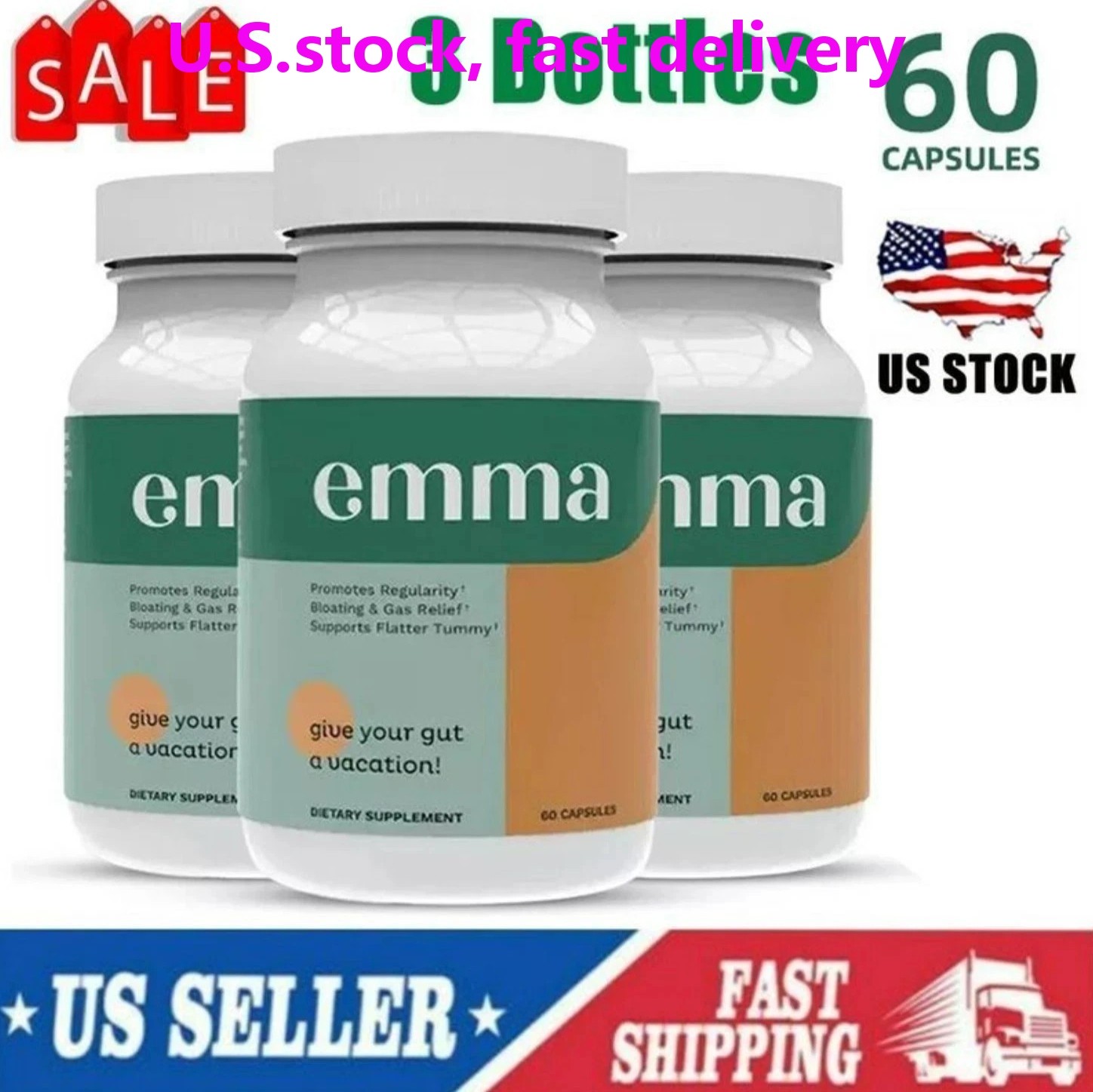 3 Pack Emma Gut Health Supplement 180 Capsules for Bloating Relief & Leaky Gut