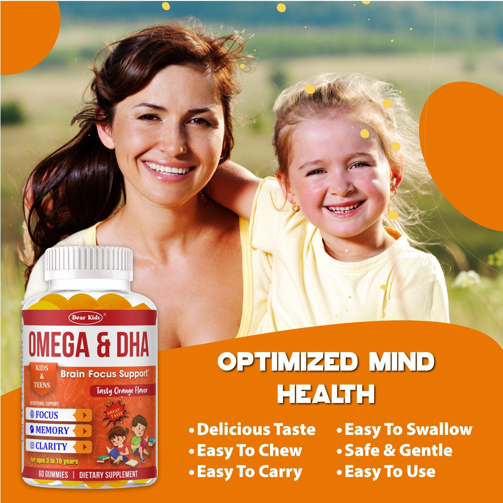 Brain Booster Focus Gummies for Kids & Teens, Omega 3 DHA Memory Supplement 60