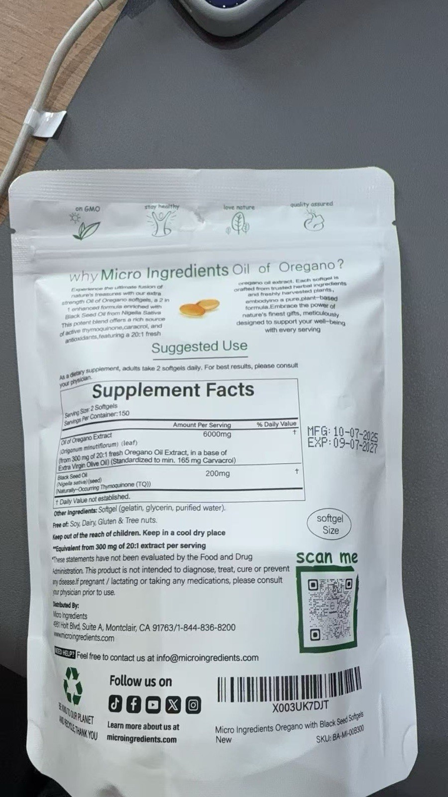 microingredients Oil of Oregano 6000mg + Black Seed Oil 300 Softgels GMO-Free