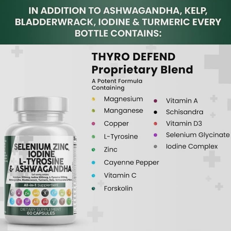 Ashwagandha 6000mg L Tyrosine 500mg Selenium 300mcg Iodine 500mcg Zinc 50mg