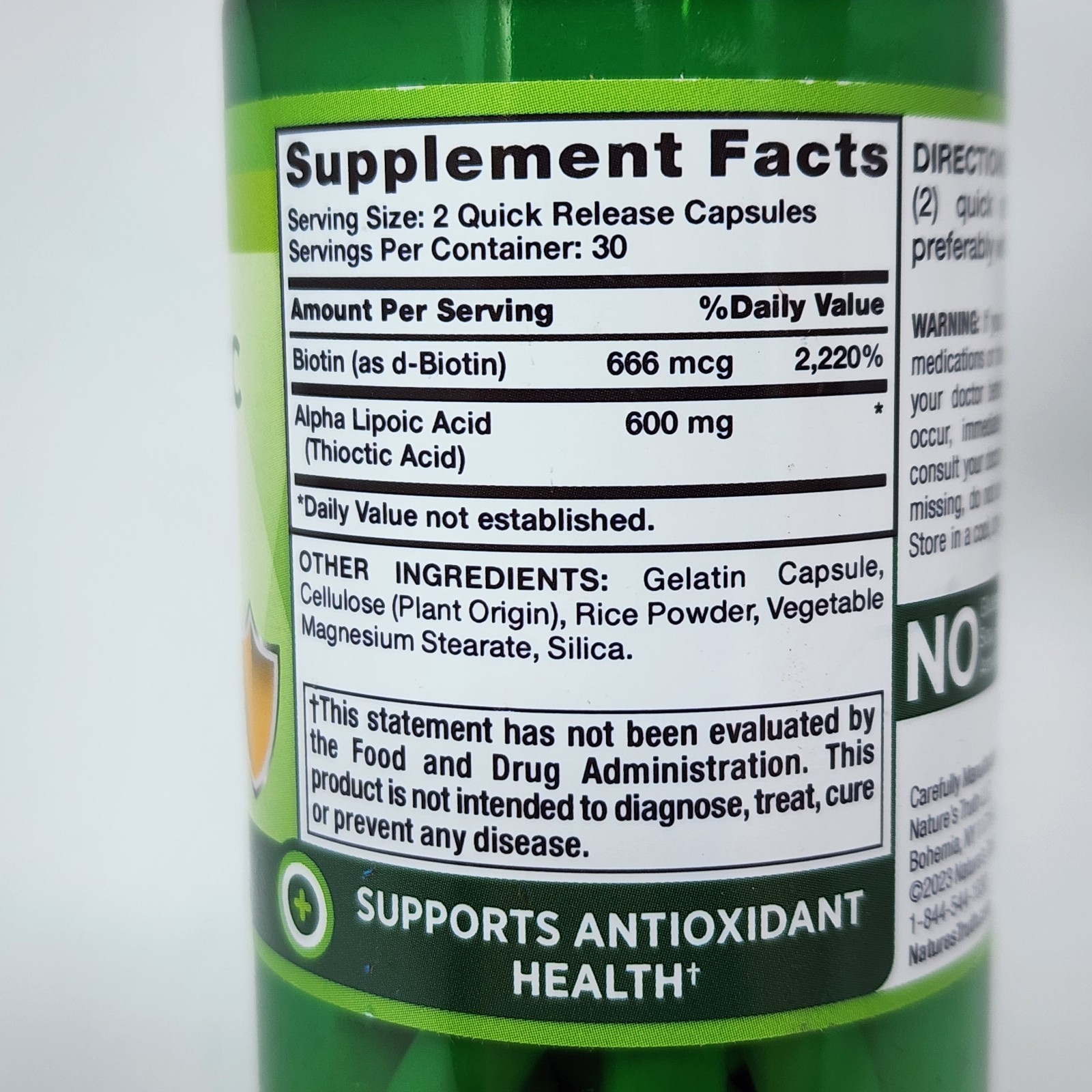 Nature’s Truth Alpha Lipoic Acid plus Biotin 60 Quick Release Capsules Exp 09/26