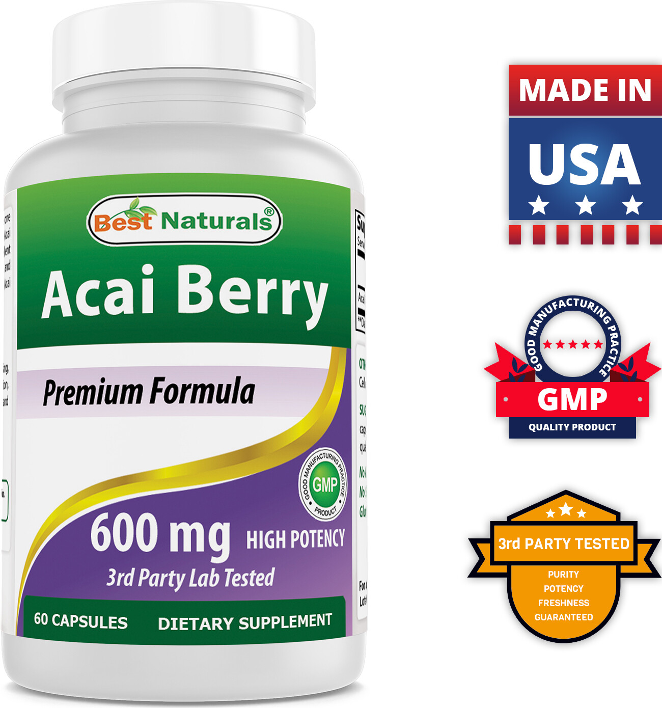 3 Packs Best Naturals Acai Berry Extract 600 mg 60 Capsuels Antioxidants