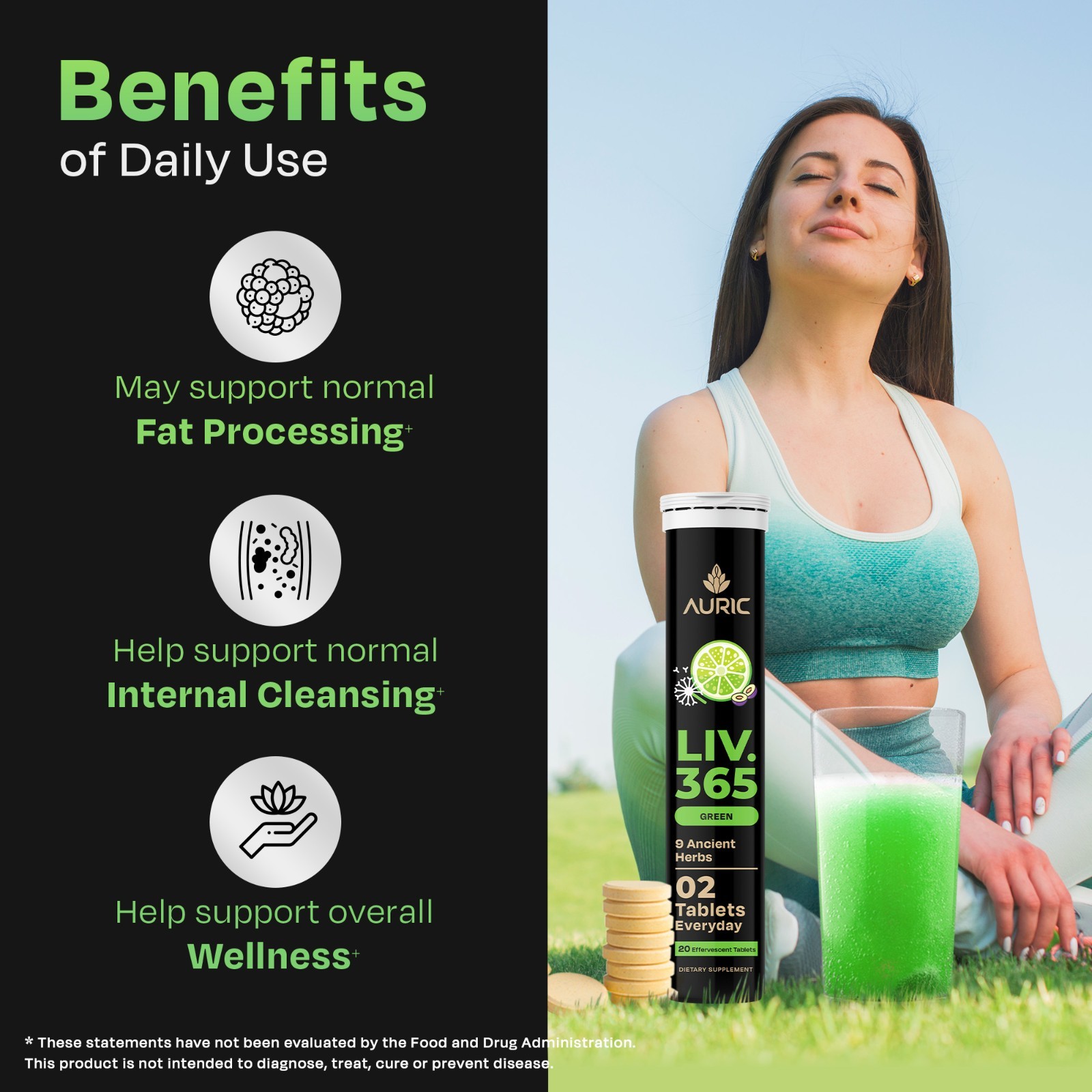 Auric Liv 365 Green Effervescent Tablet | Supports overall wellbeing