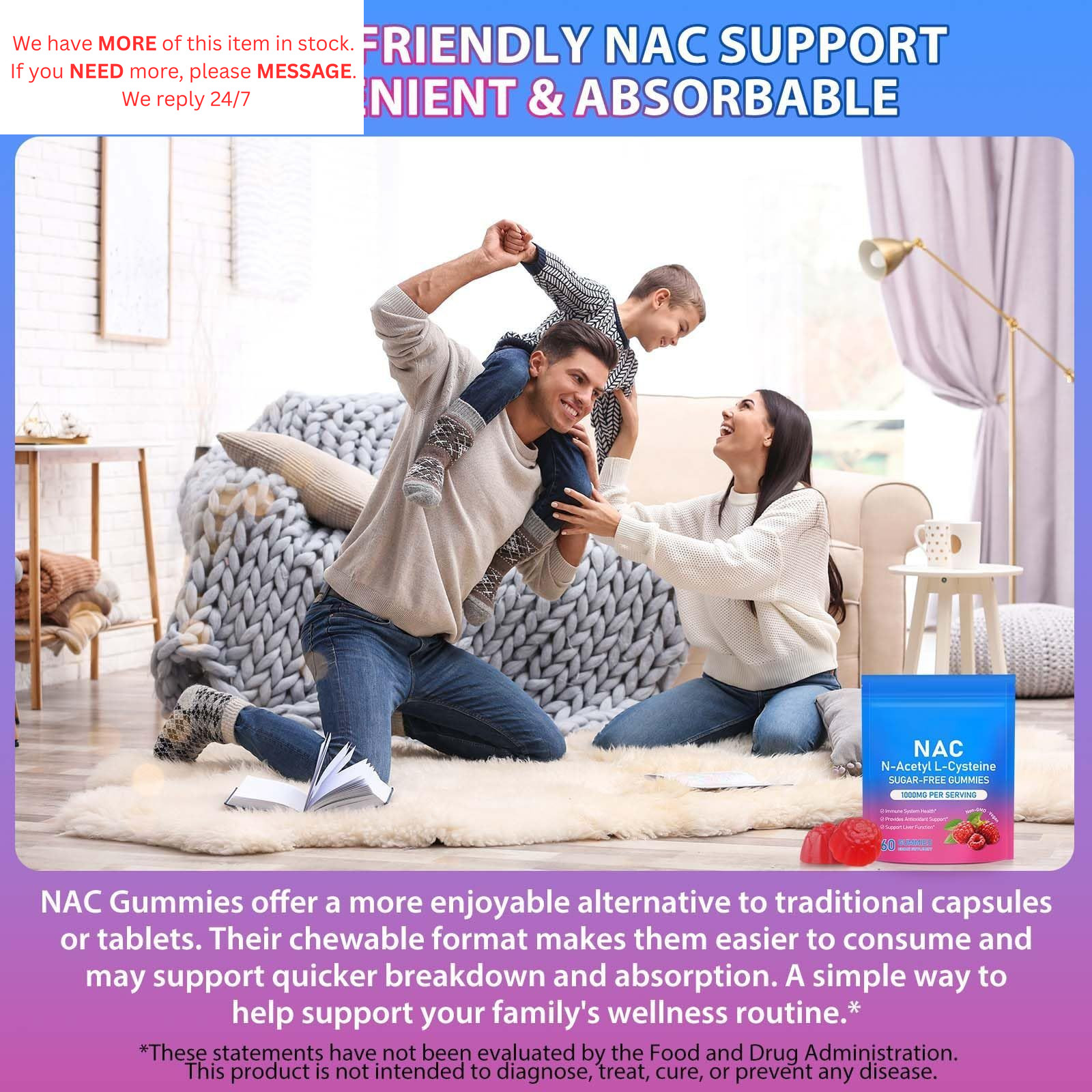 Nac Gummies 1000mg for Kids & Adults, 1 Count (Pack of 1)
