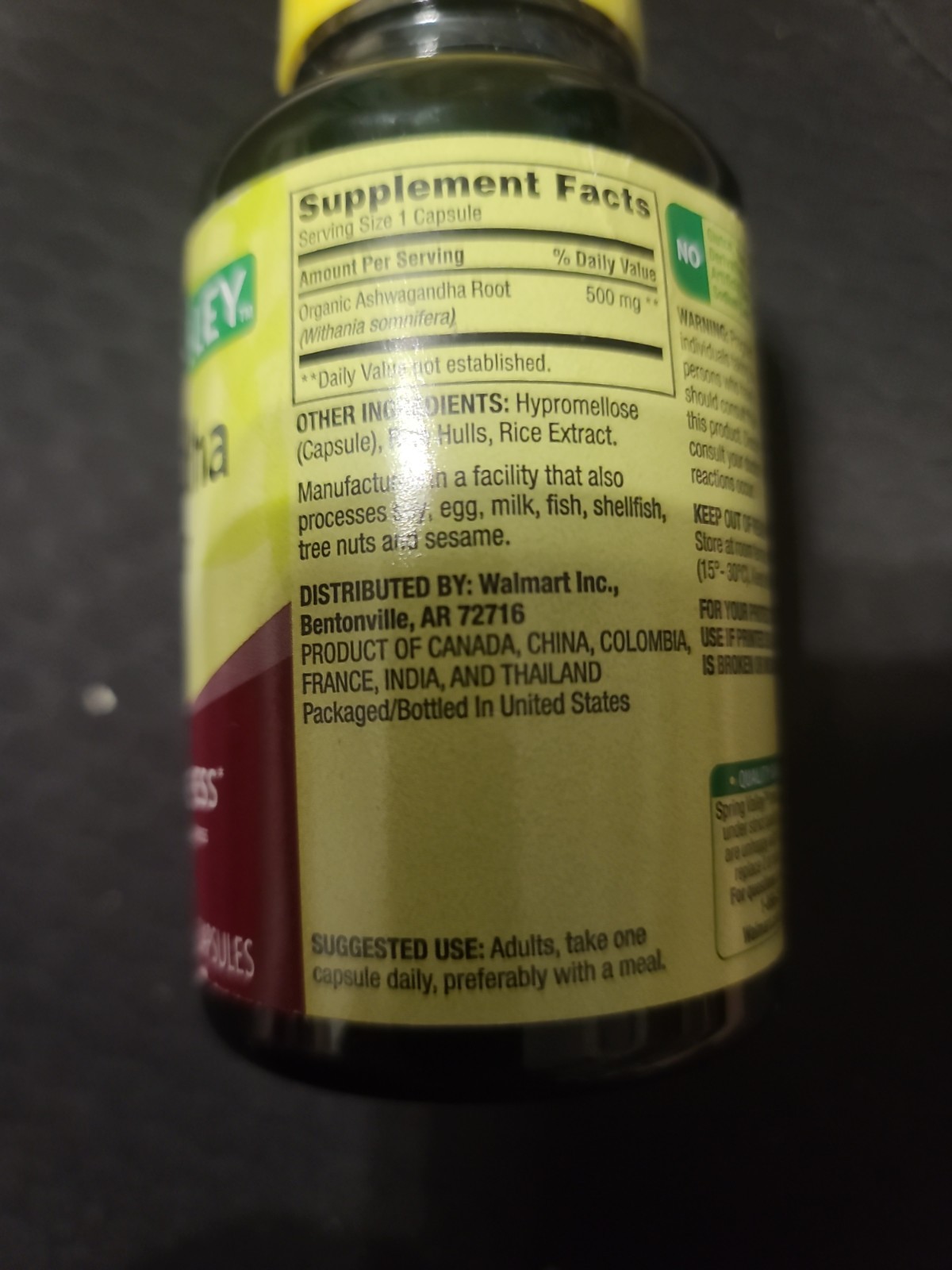 Spring Valley Ashwagandha Root Powder 500 mg Vegetarian Capsules – 60 ct