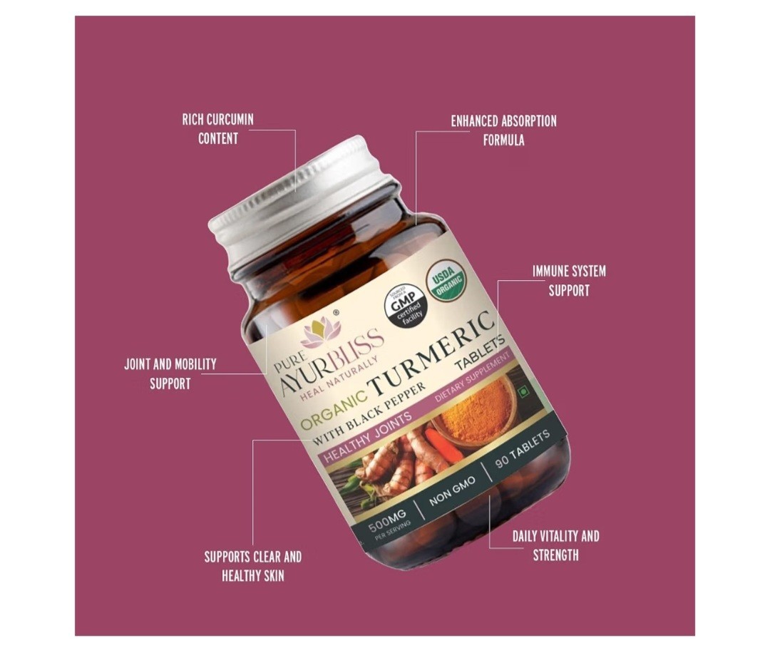 Pure Ayurbliss Turmeric + Black Pepper 500mg 90 Tablets USDA Organic Vegan