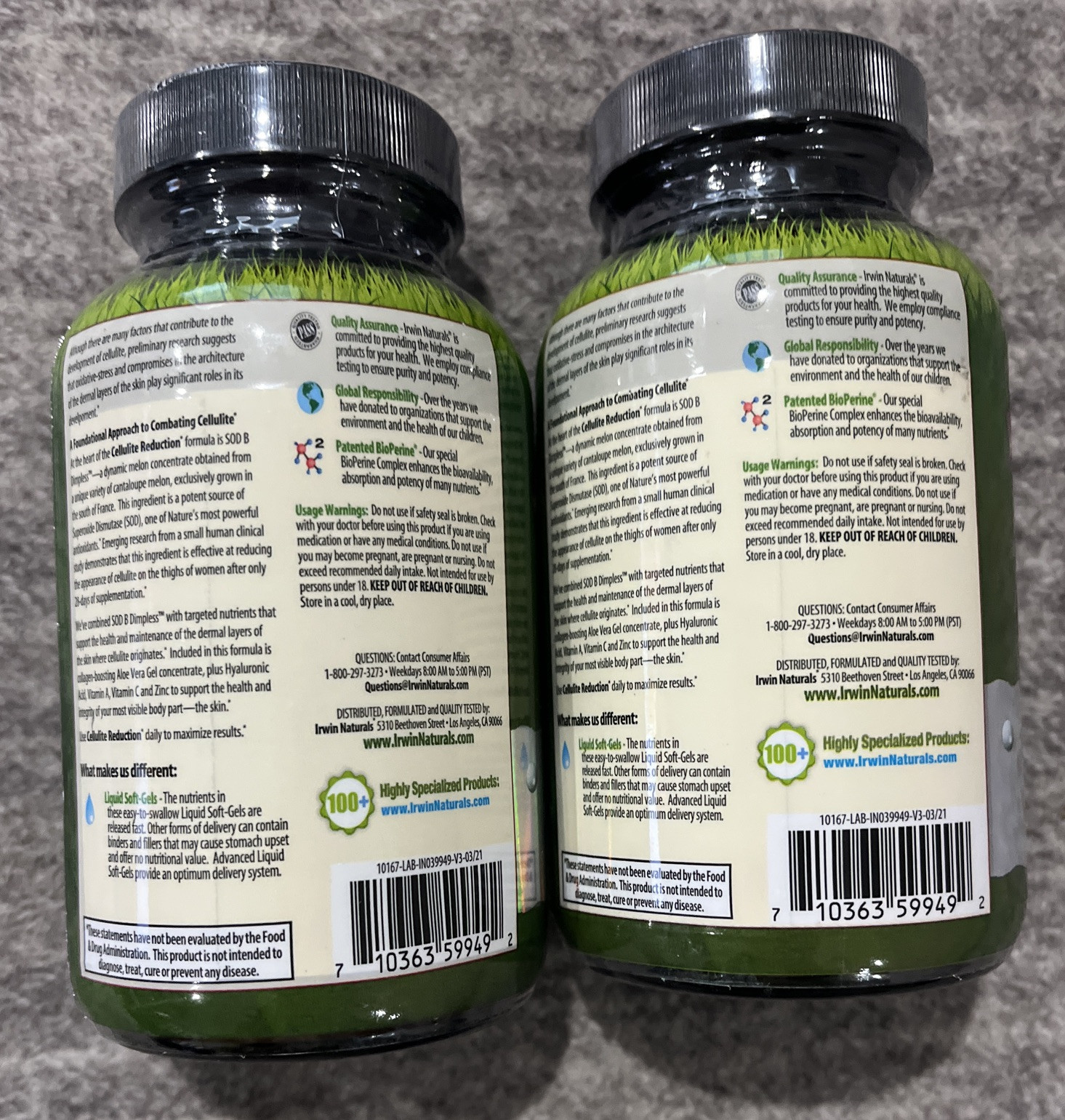 2x IRWIN NATURALS Cellulite Reduction SOD B Dimpless Thighs Hyaluronic Acid 60ct