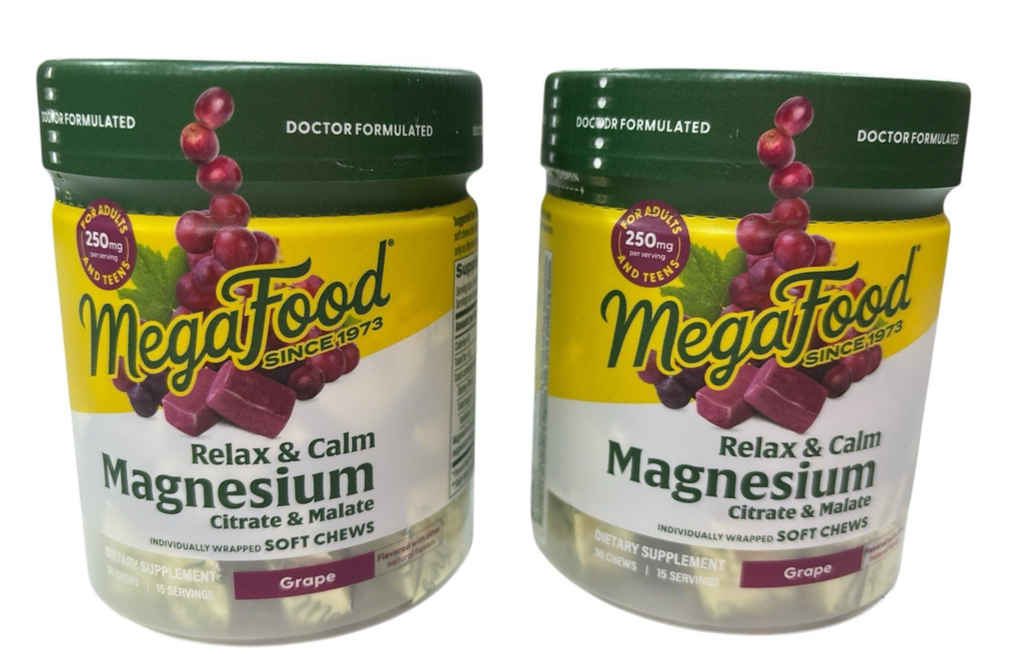 2 (30ct each) MegaFood Relax & Calm Magnesium Grape Soft Chews EXP 8/26