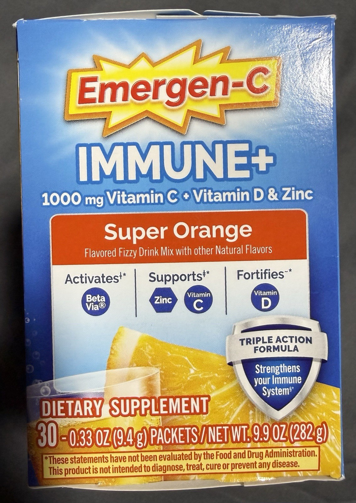 Emergen-C Immune+ Super Orange 30 Packets 1000mg Vitamin C D Zinc Exp 04/2027