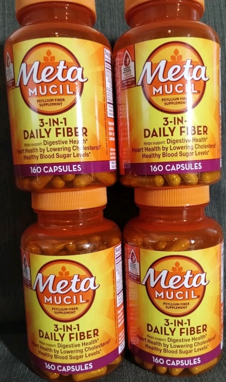 (4) Metamucil 3-in-1 Daily Fiber Supplement, 160 Capsules Each – Exp 2027+ Meta