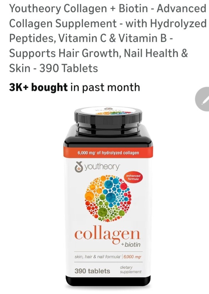 Youtheory Collagen Biotin Vitamin C B 6000mg Tablets Hair Skin Nail Health 390ct