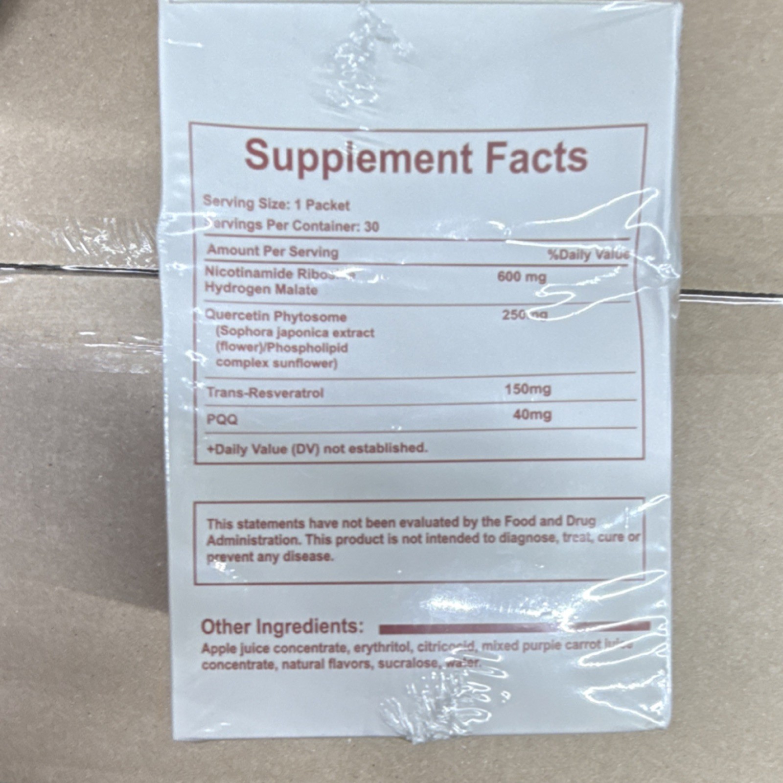 NAD+ Booster 1000mg Nicotinamide Riboside PQQ Resveratrol Quercetin 30 Packets