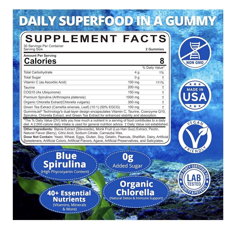 Nextdia Blue Spirulina + Chlorella Gummies High Phycocyanin Content 60 Gummies
