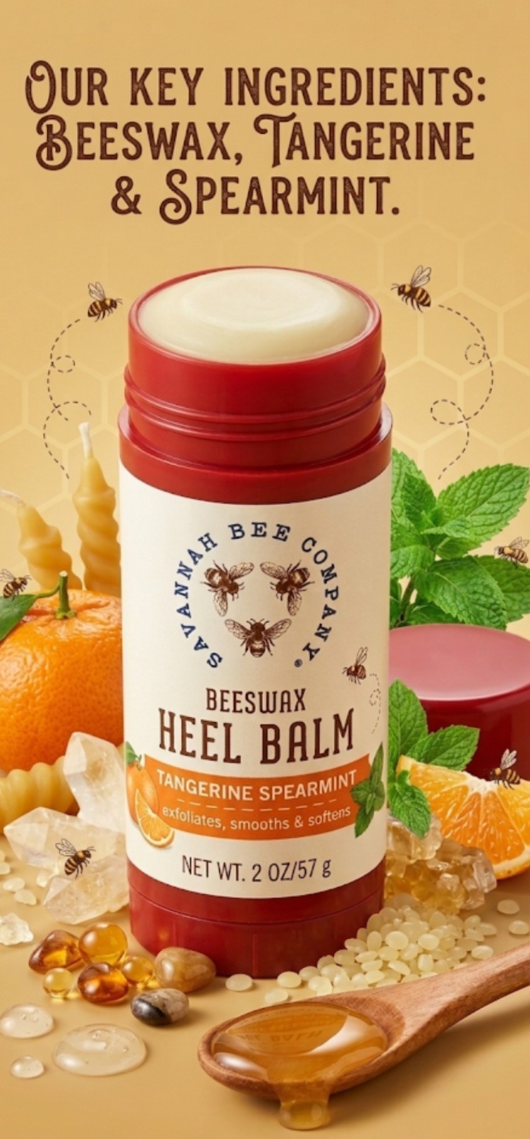 Savannah Bee Natural Beeswax Heel Balm Tangerine Spearmint, 2 Ounces