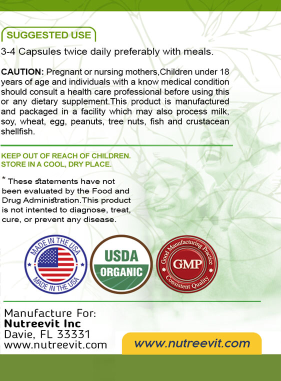 PURE ORGANIC SUPERFOOD-MORINGA SPIRULINA WHEATGRASS KELP VEGGIE CAPSULES (500mg)