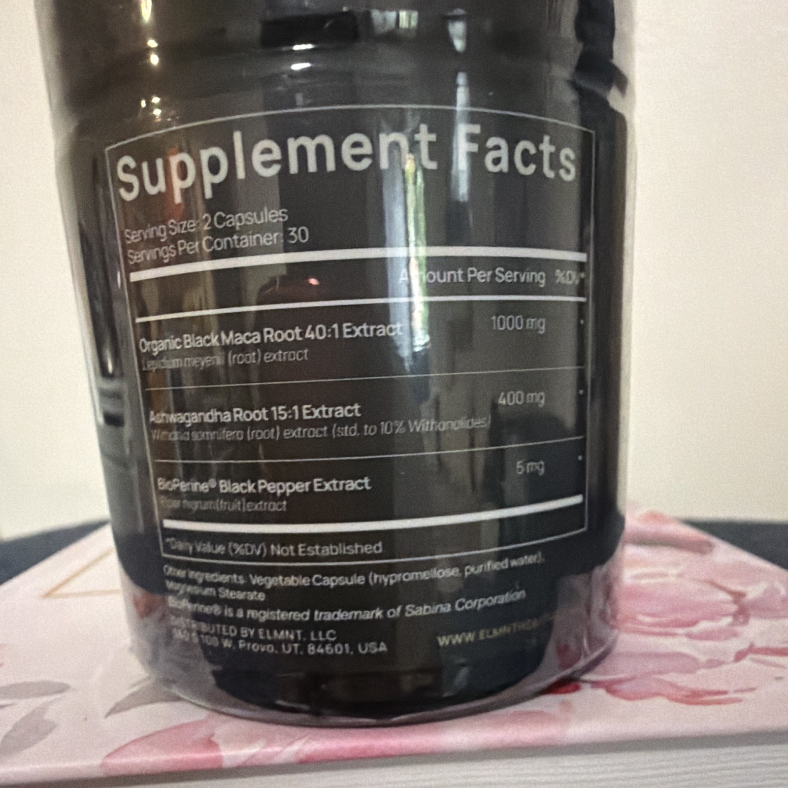 ELMNT Black Maca + Ashwagandha + BioPerine 1000mg 60 Caps Non-GMO Exp 03/2028