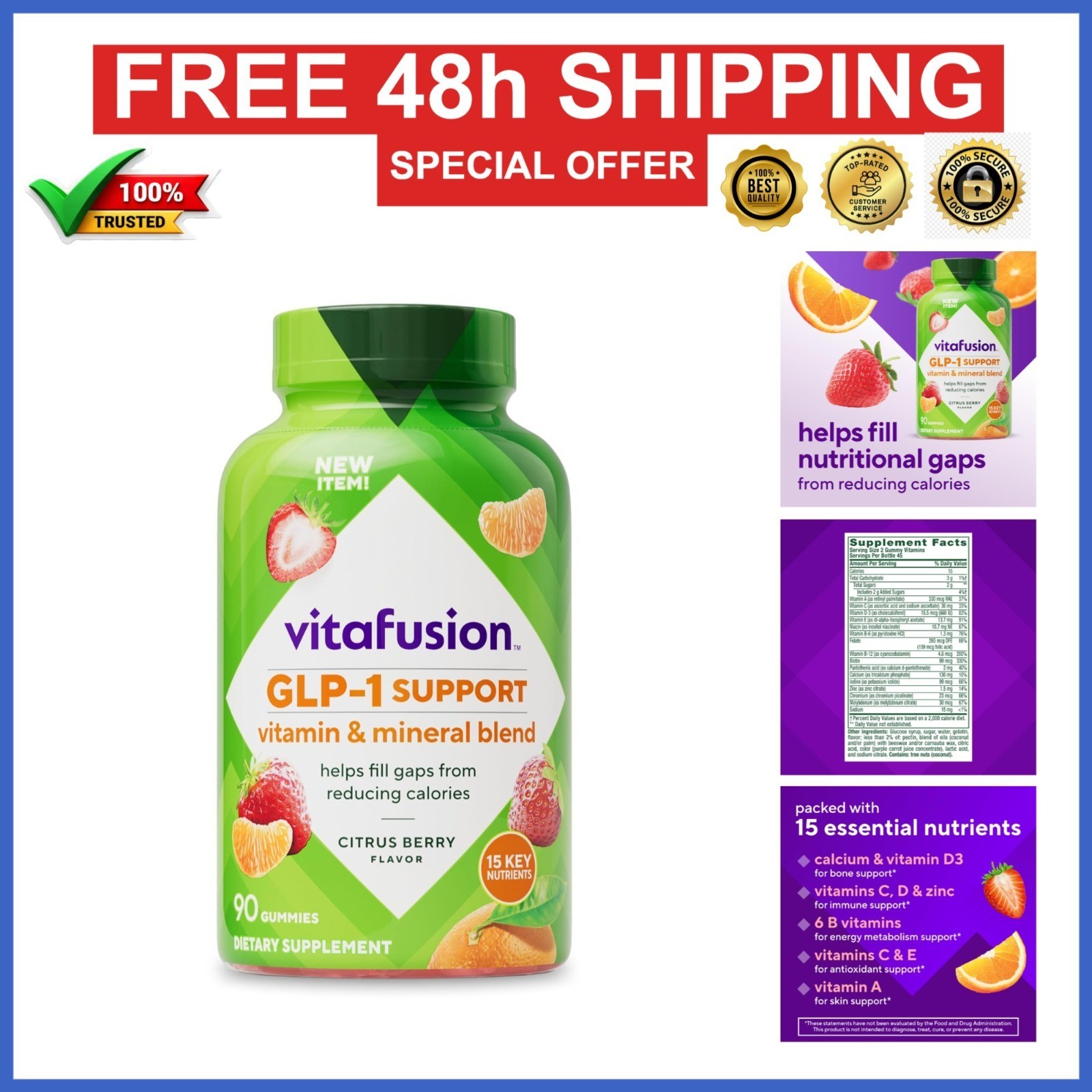 Vitafusion GLP-1 Support Multivitamin Gummy, 90 Count, Citrus Berry Flavor