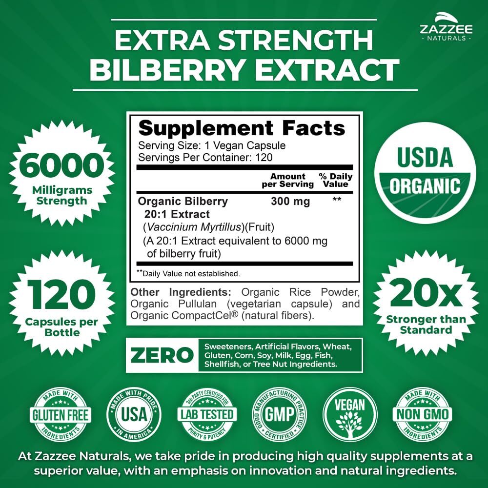 Zazzee USDA Organic Bilberry 201 Extract 6000 mg Strength 120 Vegan Capsules …