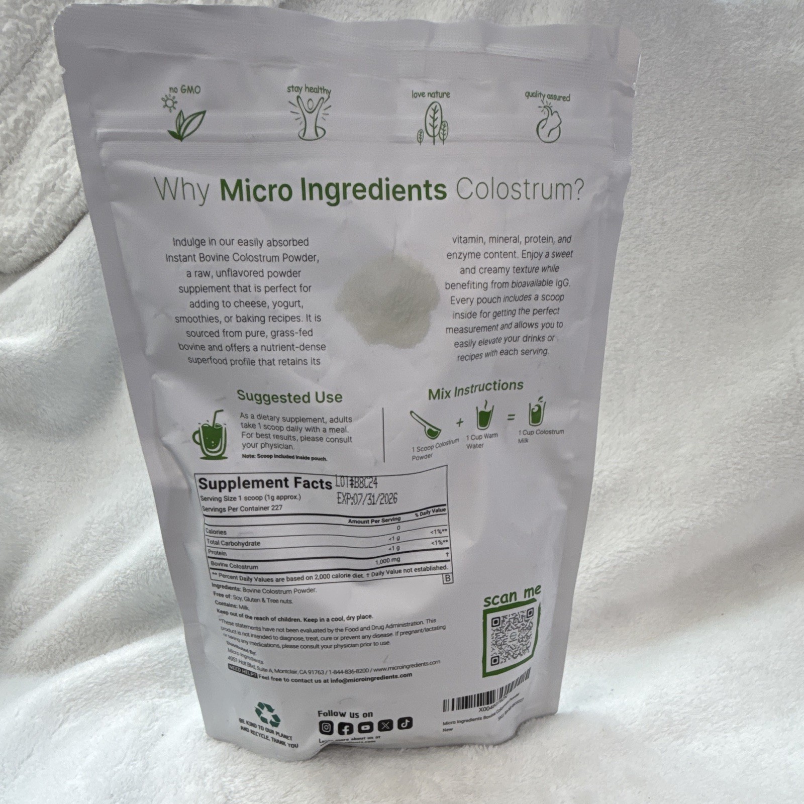 Micro Ingredients Bovine Colostrum Powder Unflavored Grass Fed 8 oz 07/2026