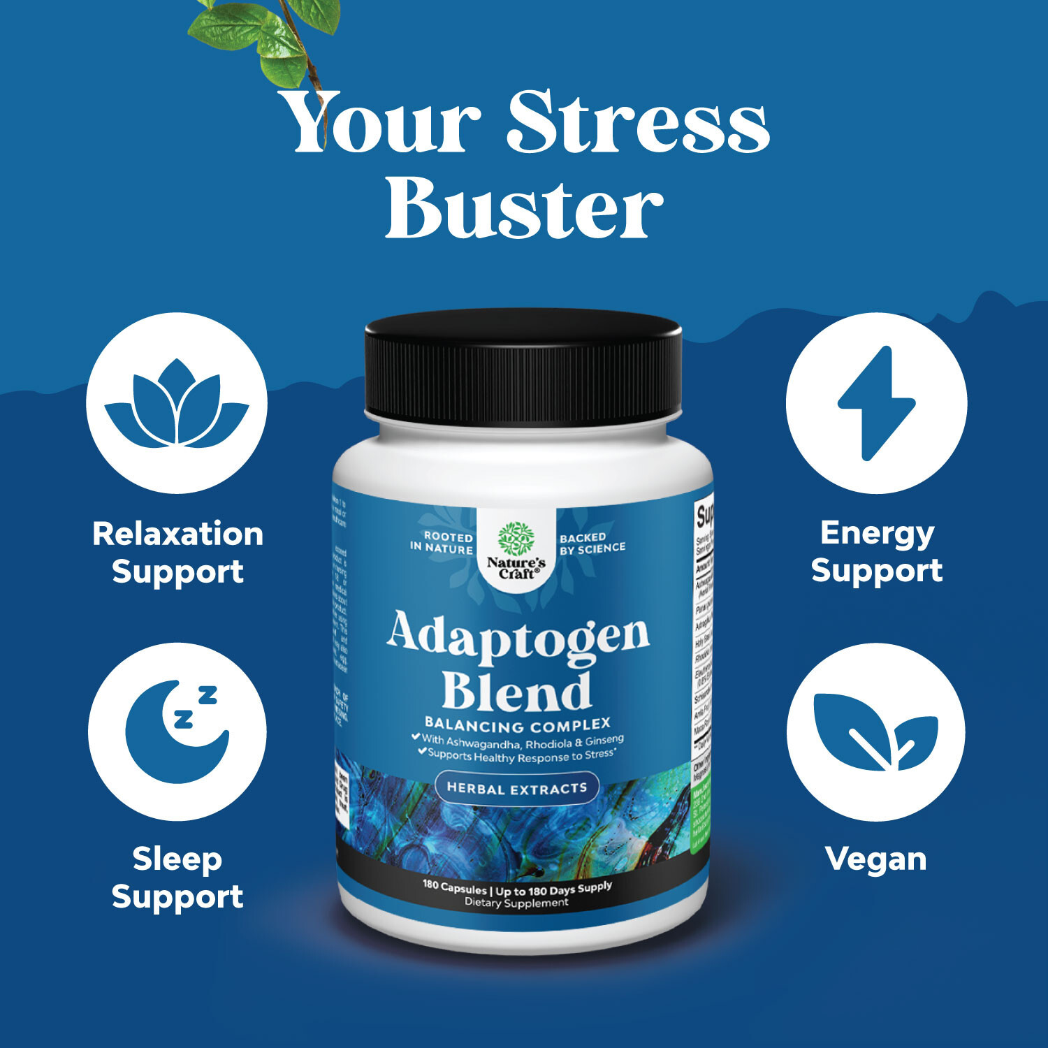 Herbal Adaptogen Mood Support Supplement for Stress & Cortisol Management 180ct