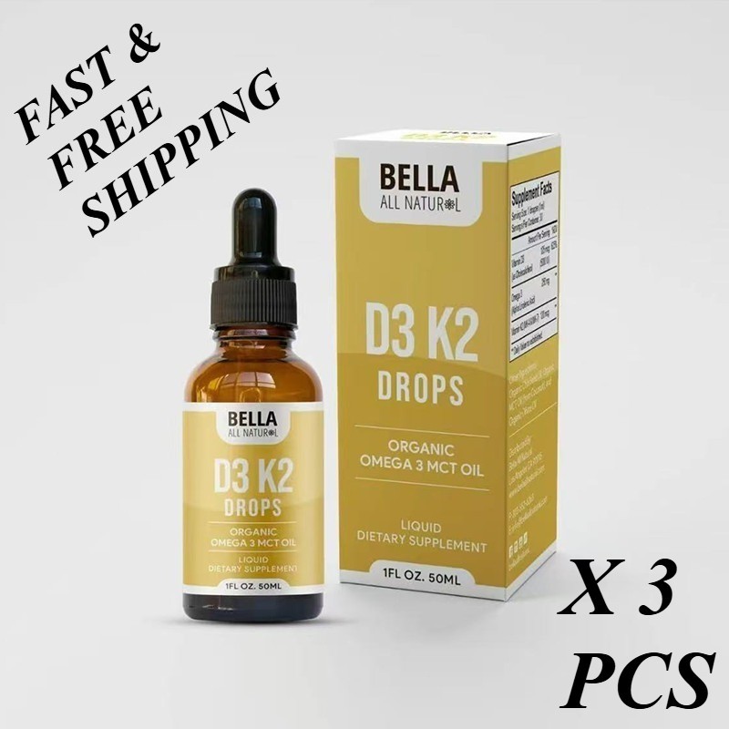 2 BOTTLES-Bella All Natural D3 K2 Drops Organic Omega 3 MCT Oil 50ml Supplements