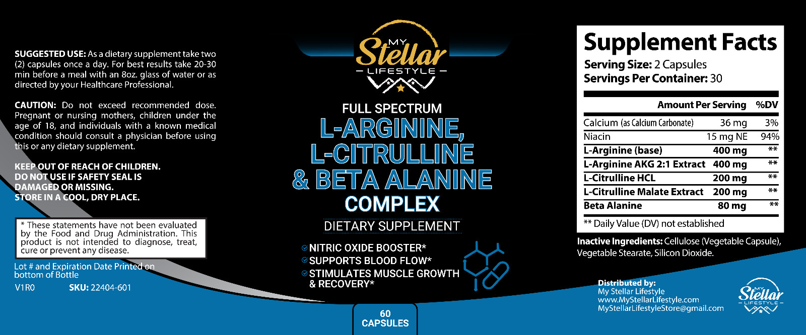 3 Bottles Full Spectrum L-Arginine L-Citrulline & Beta Alanine – 60 Capsules x3