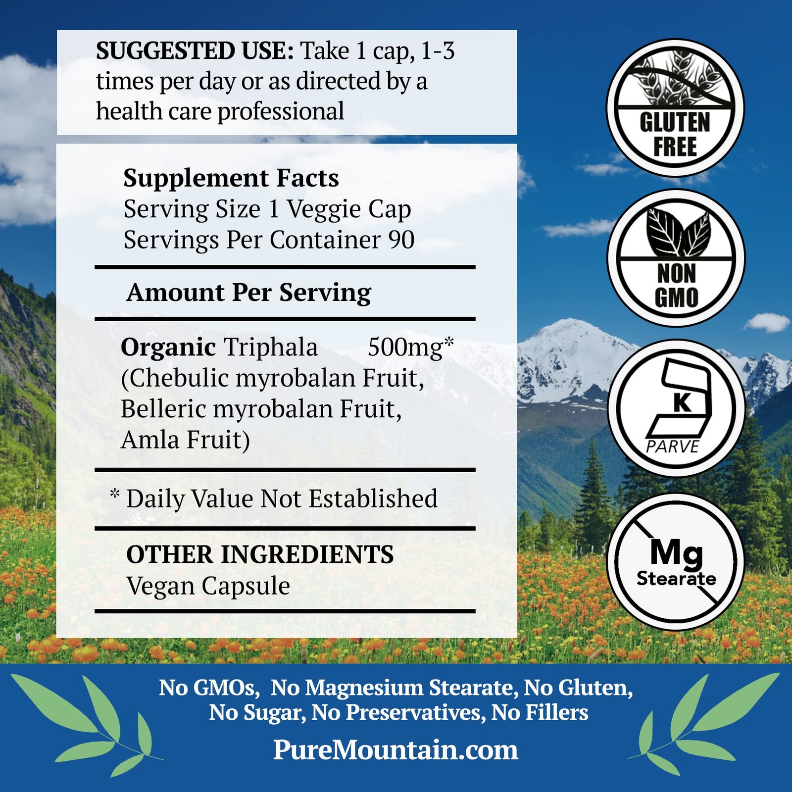 Pure Mountain Triphala Capsules 500mg Organic Amla Fruit Kosher Vegan Supplement