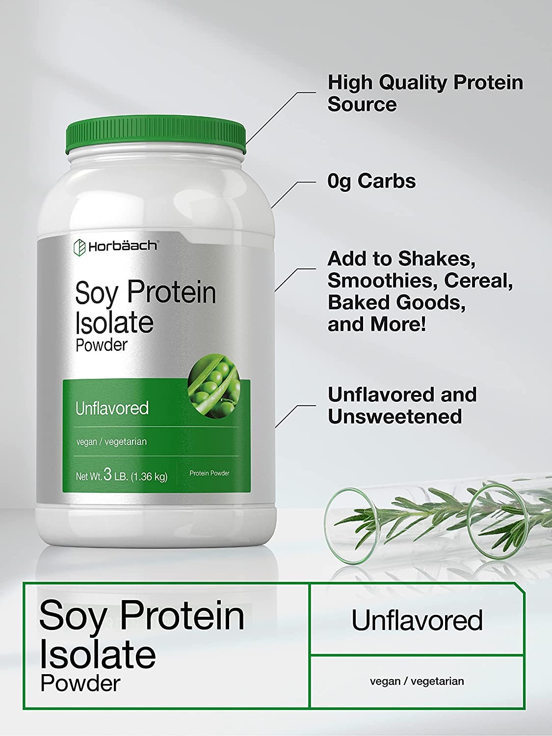 Soy Protein Isolate Powder | 3lb | Unflavored 48 oz | Vegan | by Horbaach