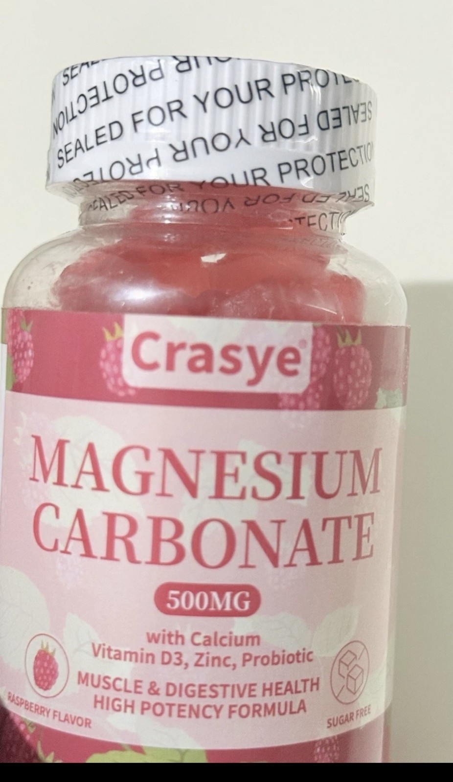 Crasye Magnesium Carbonate Gummies 500mg Sugar Free Raspberry 60ct