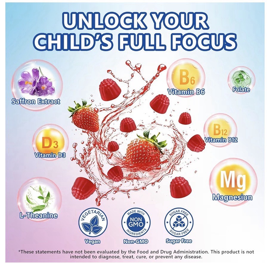 Scpt Yan Kids Saffron Calm & Focus Gummies Strawberry 60 Count Sugar-Free Vegan