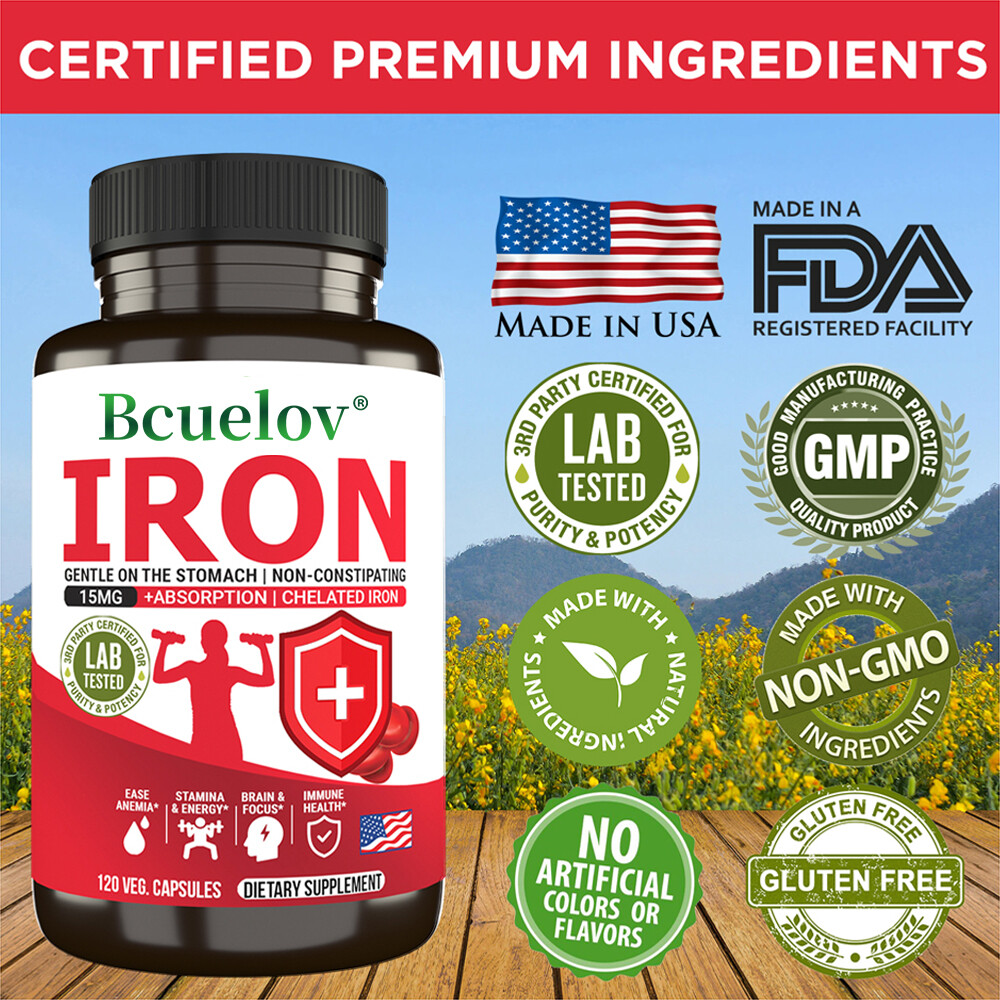 Iron 15mg Supplement – Chelated Gentler on Stomach Non Constipating