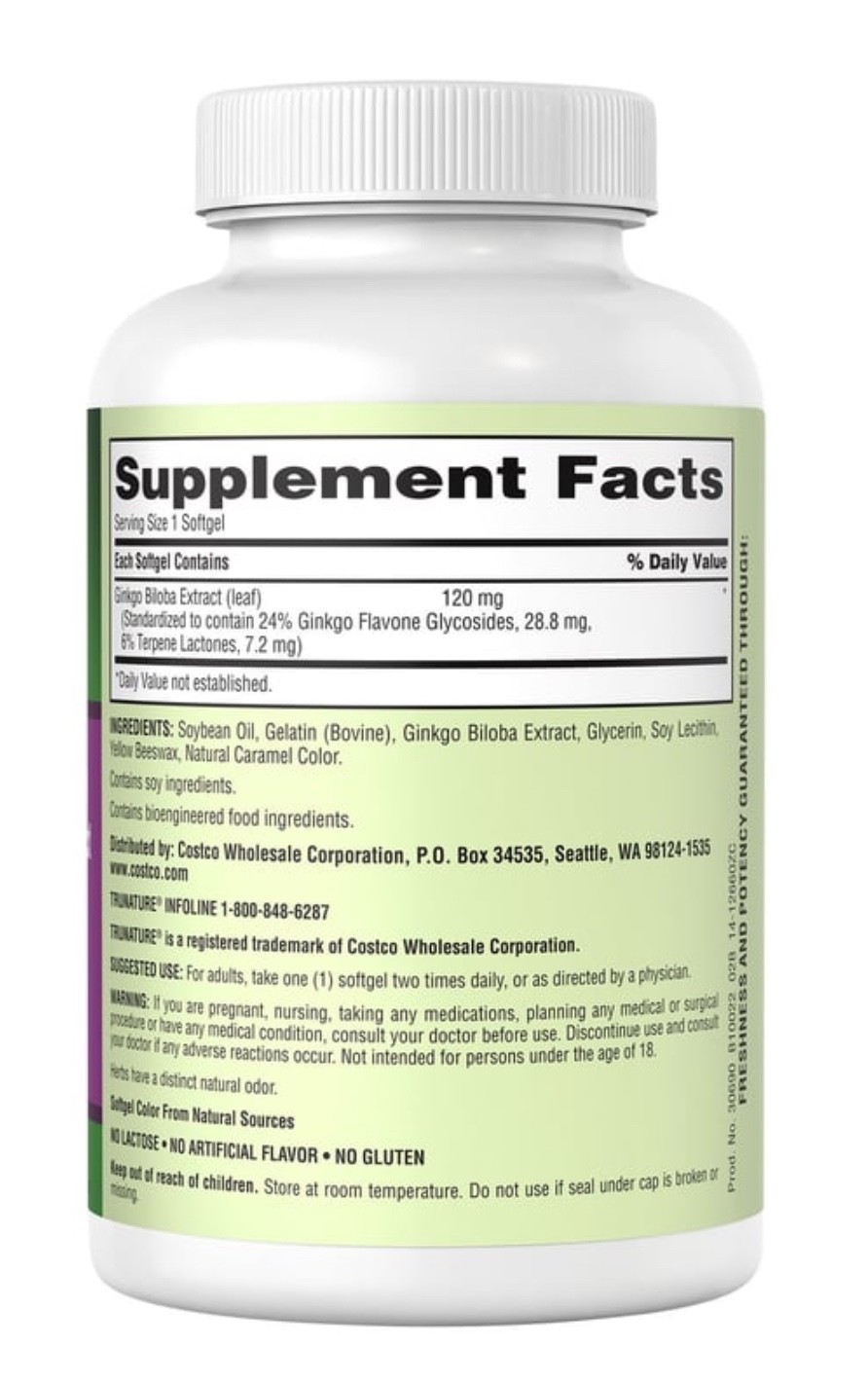 Trunature Ginkgo Biloba 120mg 340 softgels New Free Shipping EXP 12/2027
