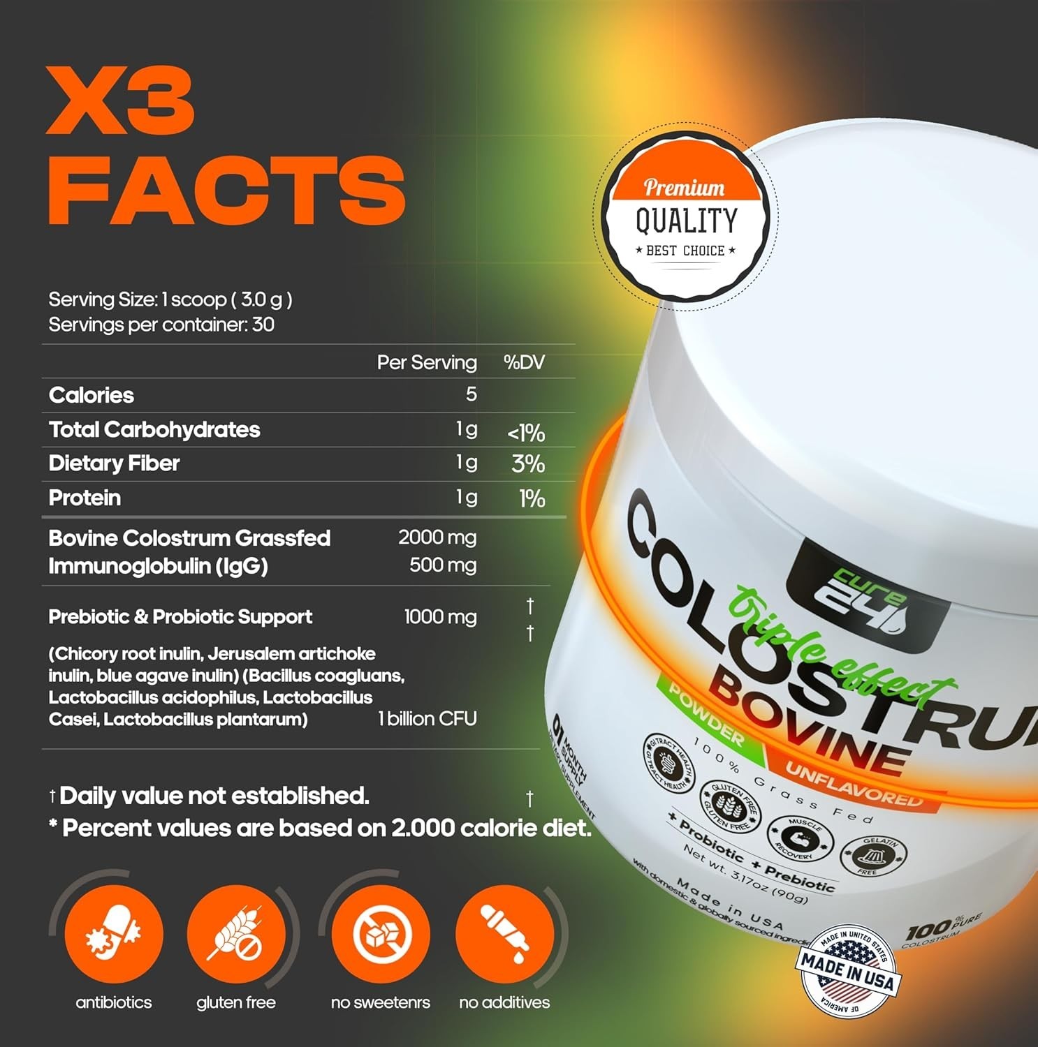 Cure 24 Bovine Colostrum X3 Supplement Powder Triple Effect Grass Fed High IgG