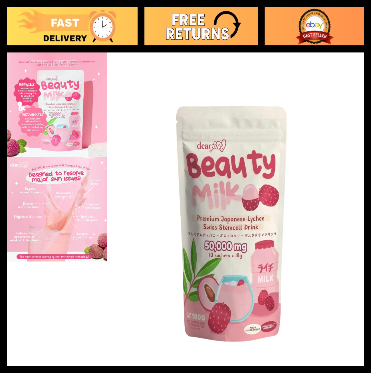 Premium Japanese Lychee Stem Cell Drink 50,000mg – 10 Sachets for Radiant Skin