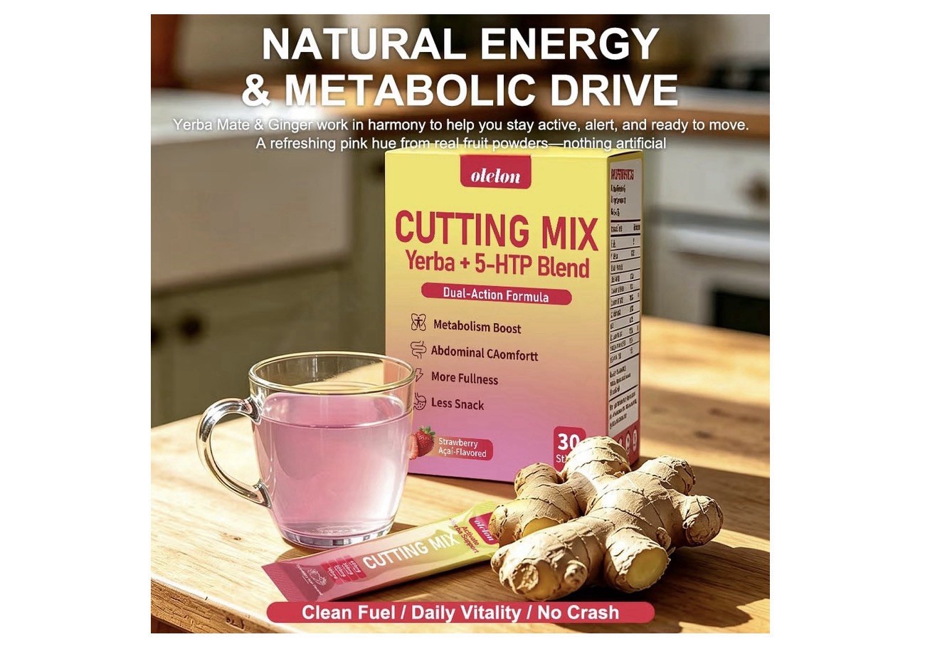olelon Yerba Mate + 5-HTP Powder Drink Mix Strawberry Acai 30 Sticks