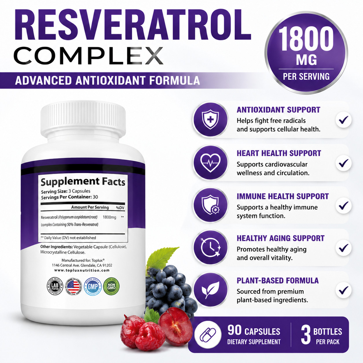 3 Pack Resveratrol 1800mg Antioxidant Supplement 90 Capsules