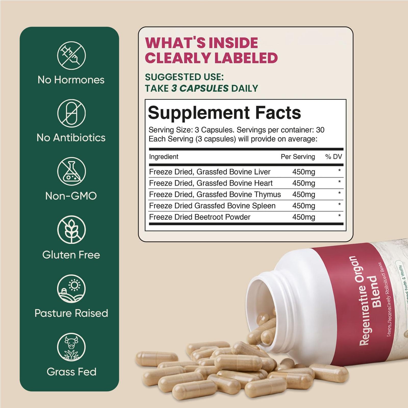 MORNING RISE Regeneratively Raised Beef Organs Capsules Non-GMO 90 Counts