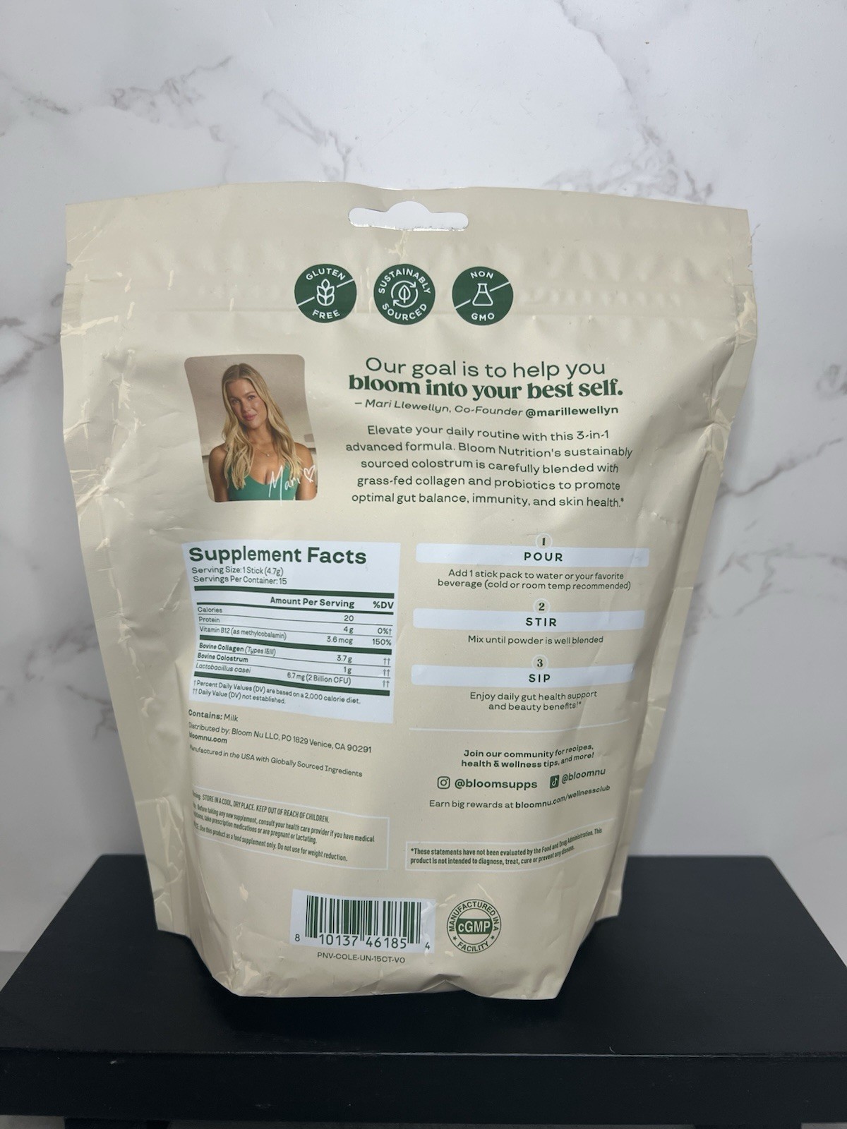 Bloom Colostrum & Collagen Peptides Powder 15 Sticks Unflavored Exp 03/2027