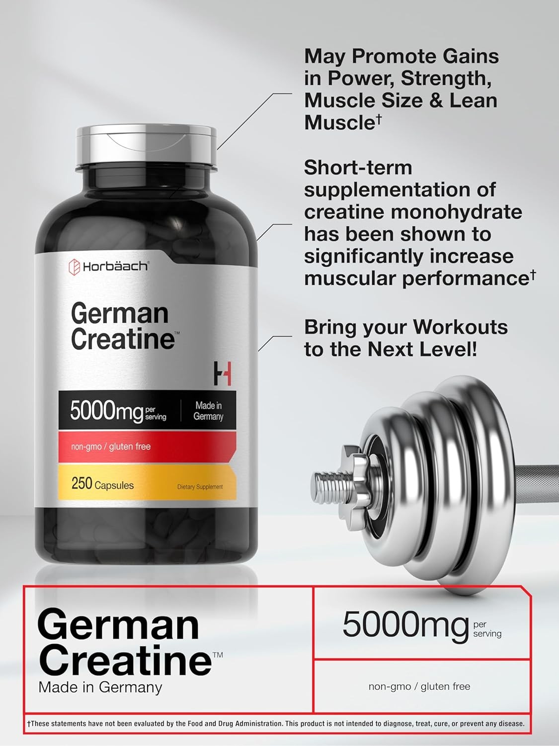 German Creatine Monohydrate 5000mg | 50 Servings | 250 Capsules | by Horbaach