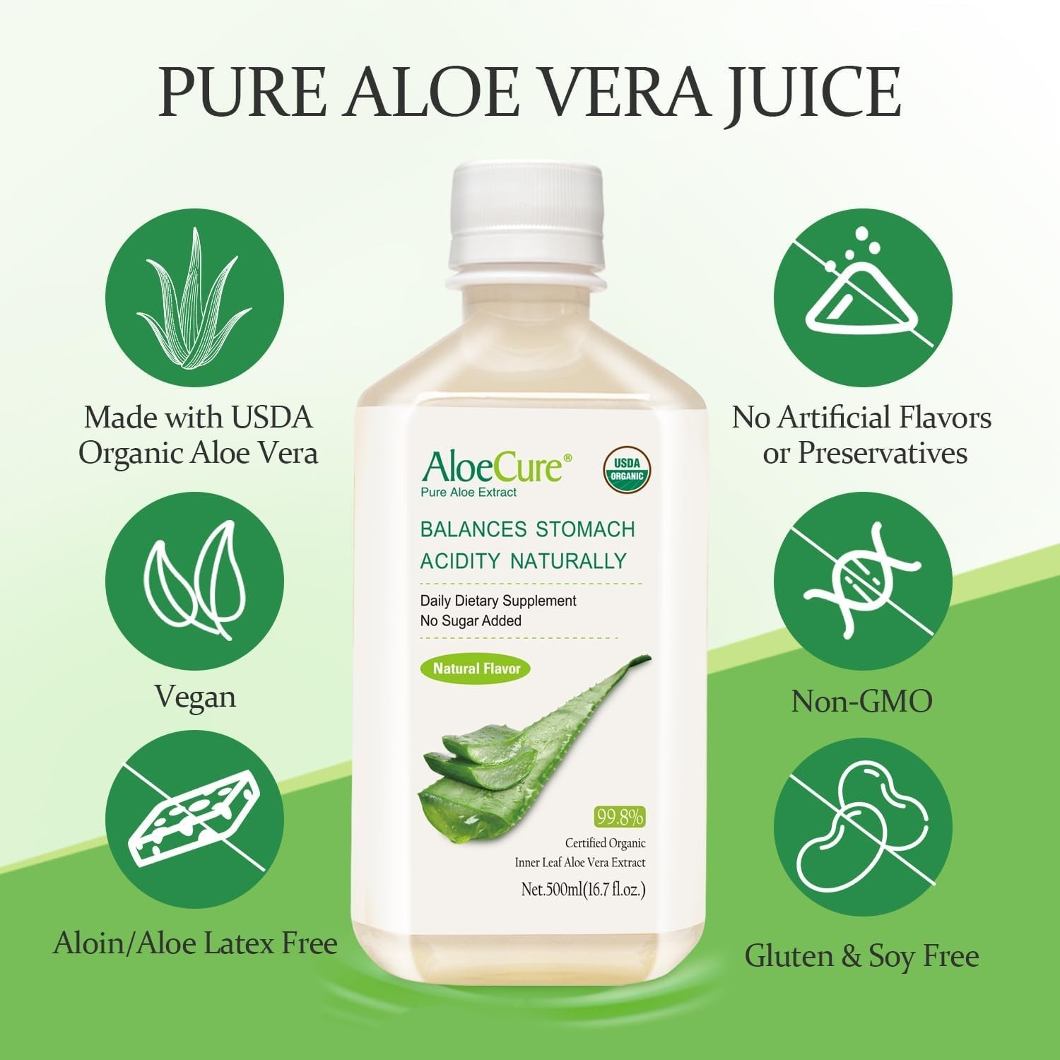 AloeCure Pure Aloe Vera Juice Supplement 99.8% Organic Inner Leaf Natural Flavor