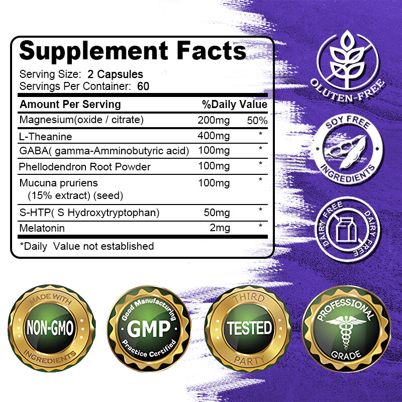 L-Theanine Supplement Balanced Mood Sleep Fall Asleep Quickly 120 Capsules