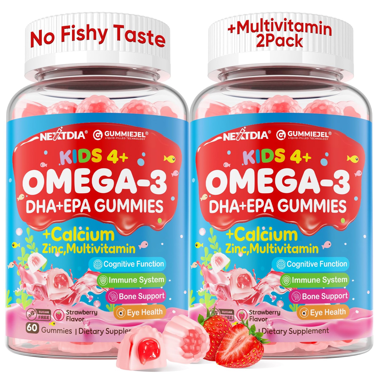 Nextdia Omega 3 (EPA/DHA) Filled Gummies for Kids with Multivitamin, Calcium + D