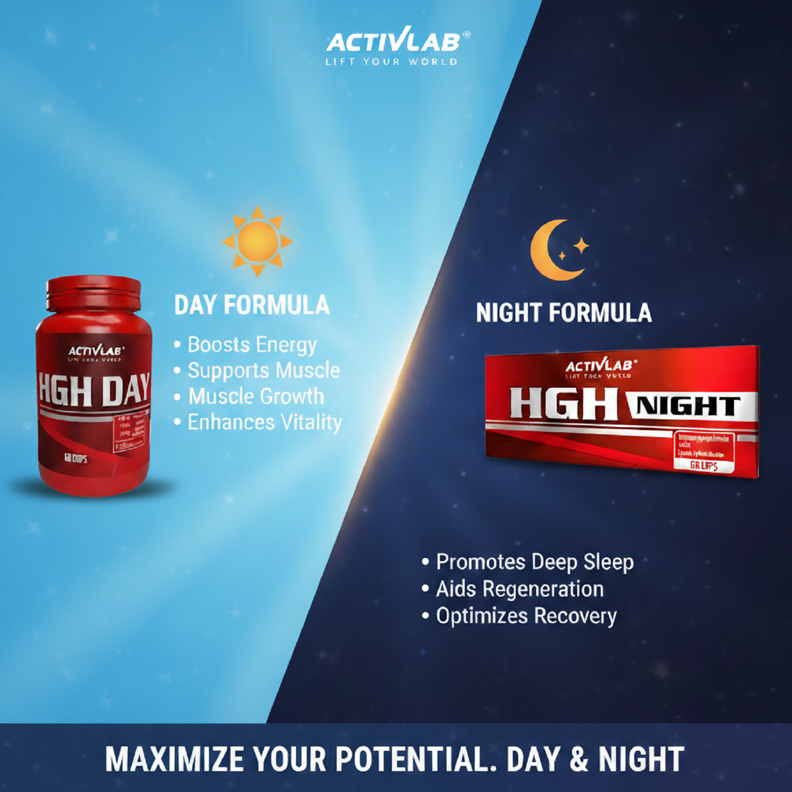 HGHNIGHT + HGHDAY – 60+60 Caps – Natural Muscle Building Testo Booster Endurance