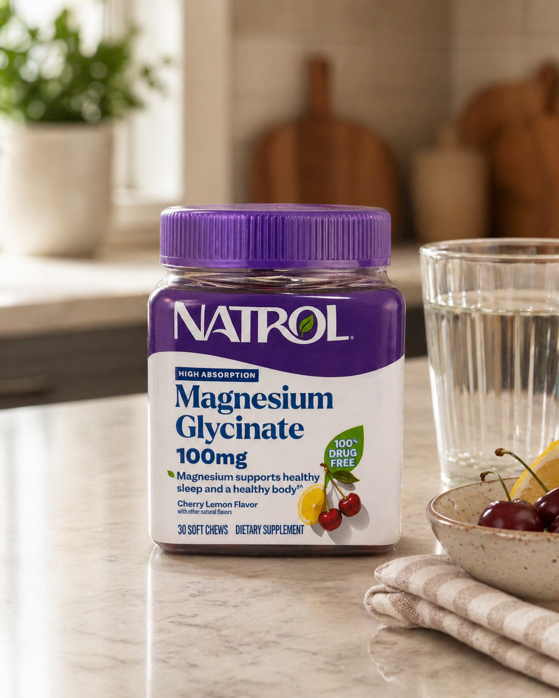 Natrol Magnesium Glycinate 100mg Soft Chews Cherry Lemon 30 Ct Sealed