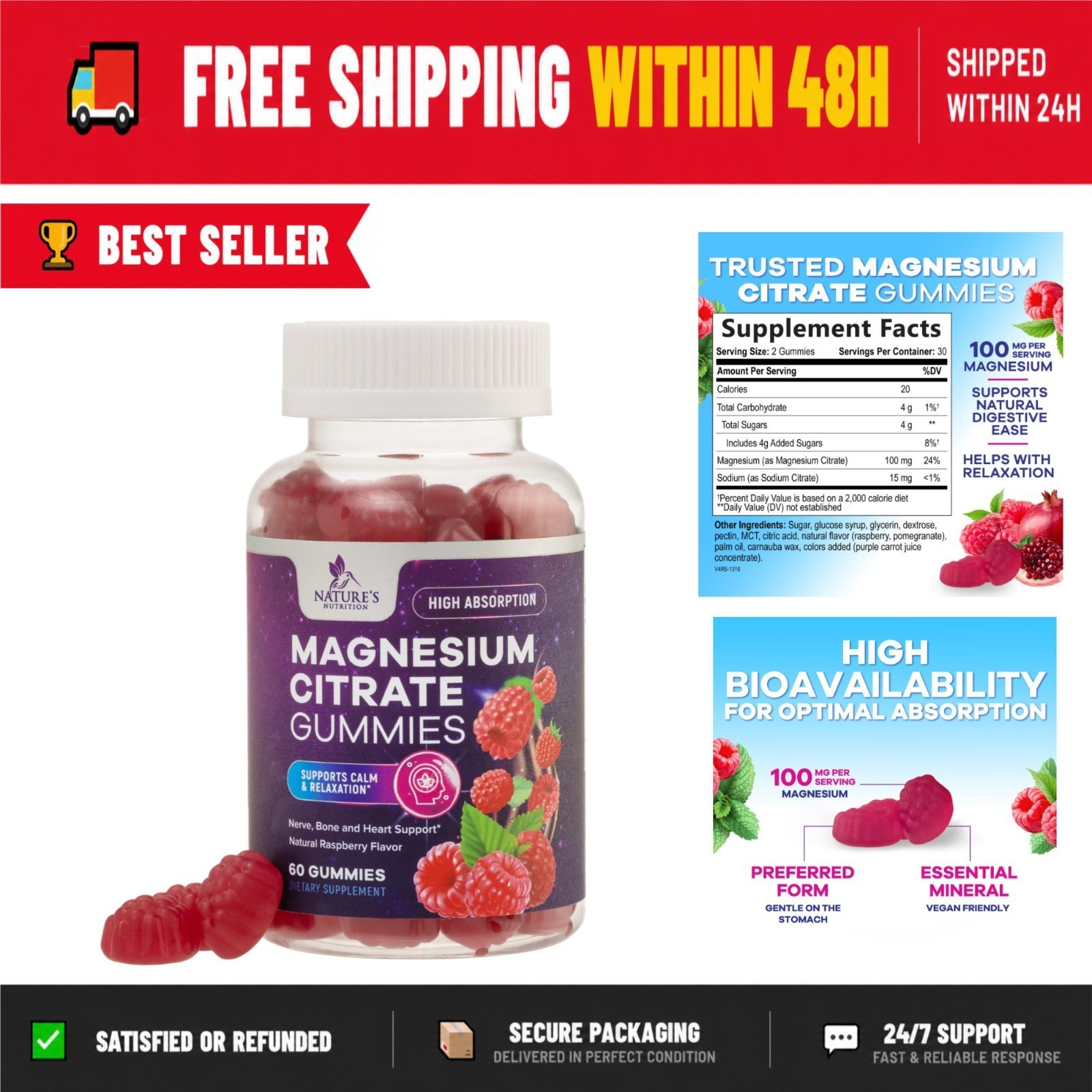 Nature’s Nutrition Magnesium Citrate Gummies 60 Count Raspberry Flavor