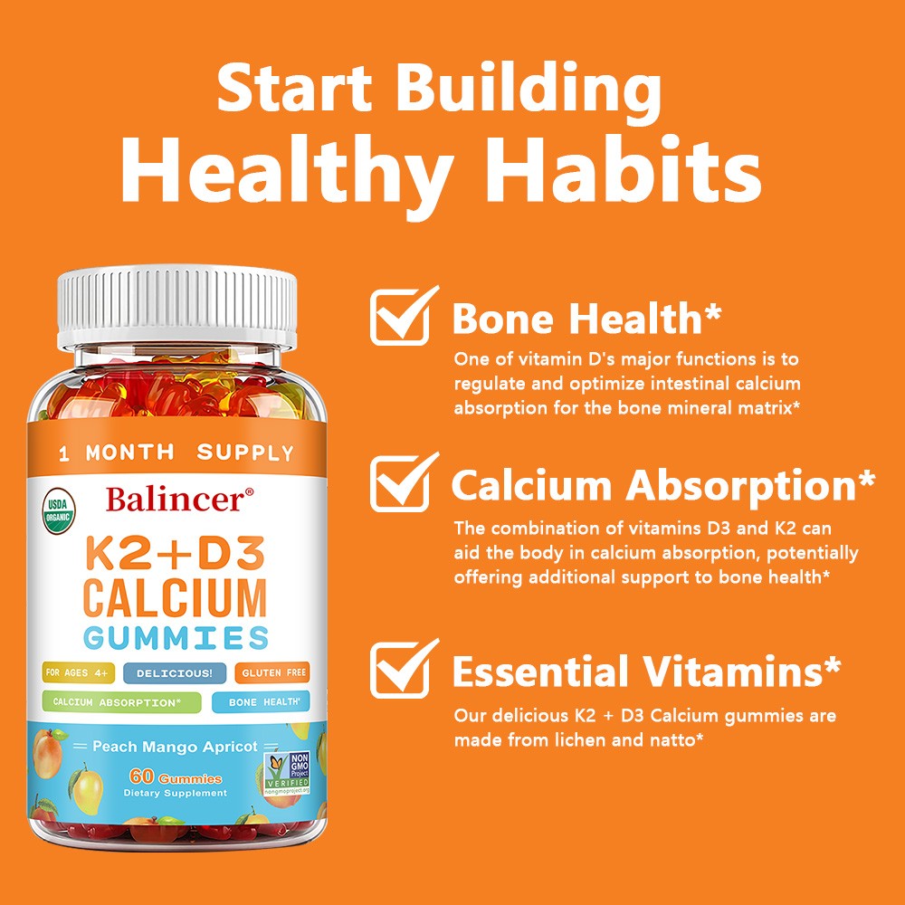 D3 + K2 Calcium Chewable Gummies | Bone & Joint Support, 30/60 Gummies