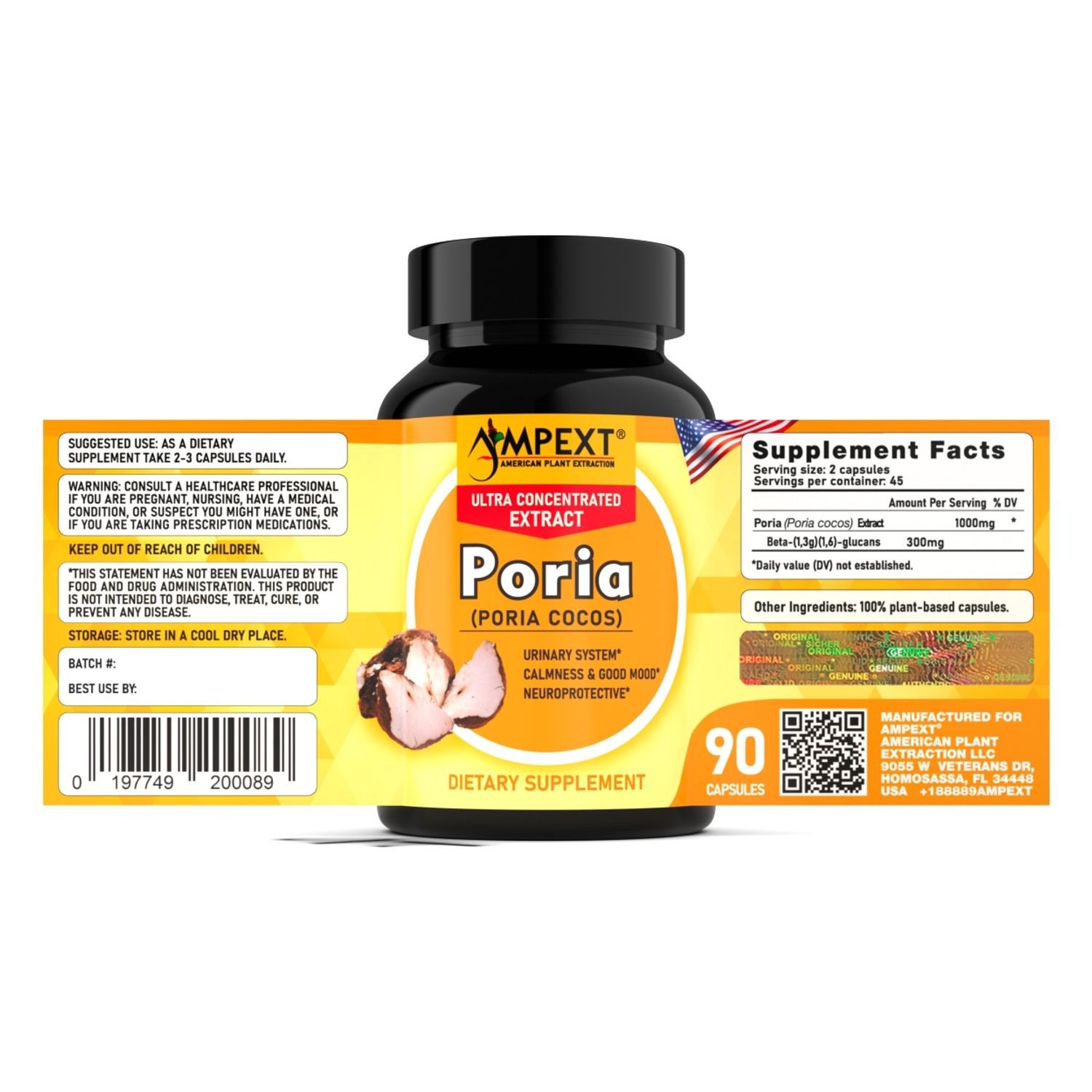 Poria Cocos Extract – Only Fruiting Bodies, Over 30% Beta-Glucans, 90 c