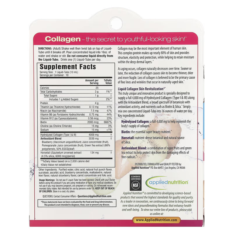Applied Nutrition Liquid Collagen Skin Revitalization Strawberry & Kiwi 10 Count