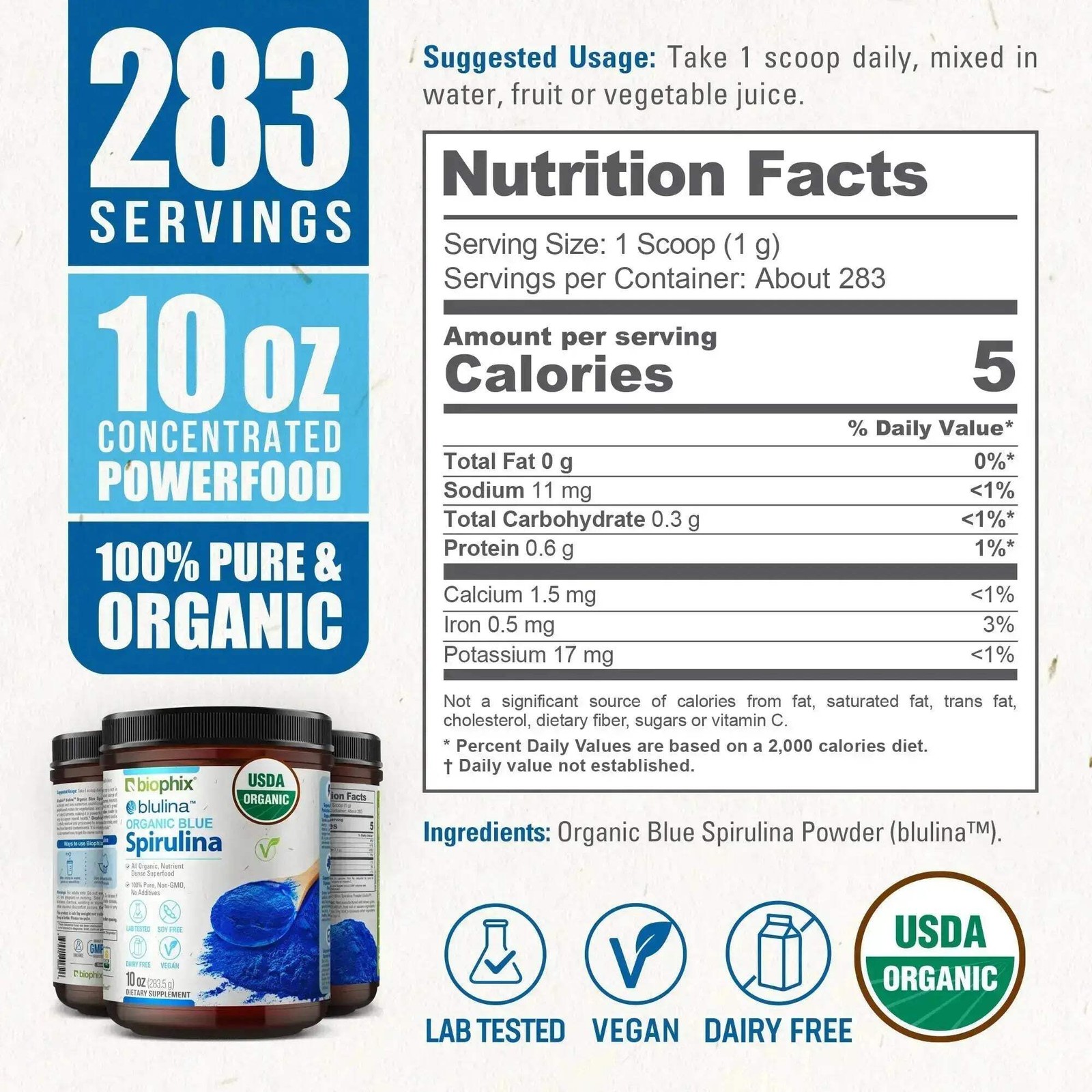 biophix Blulina Organic Blue Spirulina Powder 10 oz 283.5 g